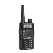 DesertX Baofeng UV-5R black dual band handheld radio with LCD screen and keypad. Ideal for long-range communication.