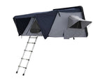 Load image into Gallery viewer, DesertX Basecamp hardshell rooftop tent in grey and navy blue with an attached aluminum ladder. Spacious and durable for family outdoor adventures.