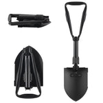 Load image into Gallery viewer, DesertX black metal tri-fold shovel with serrated edge and foldable handle for camping and outdoor use.