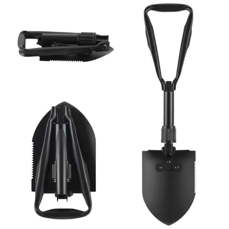 DesertX black metal tri-fold shovel with serrated edge and foldable handle for camping and outdoor use.