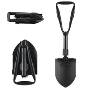 DesertX black metal tri-fold shovel with serrated edge and foldable handle for camping and outdoor use.
