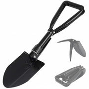 DesertX black metal tri-fold shovel with serrated edge and adjustable handle for camping and outdoor use.