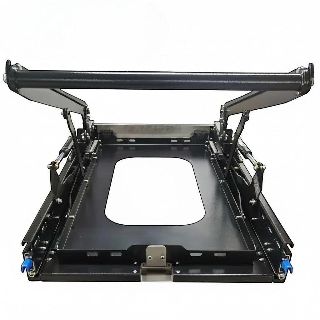 DesertX Drop Slider, a black galvanized steel vehicle fridge slider with hydraulic telescopic rod for easy access.