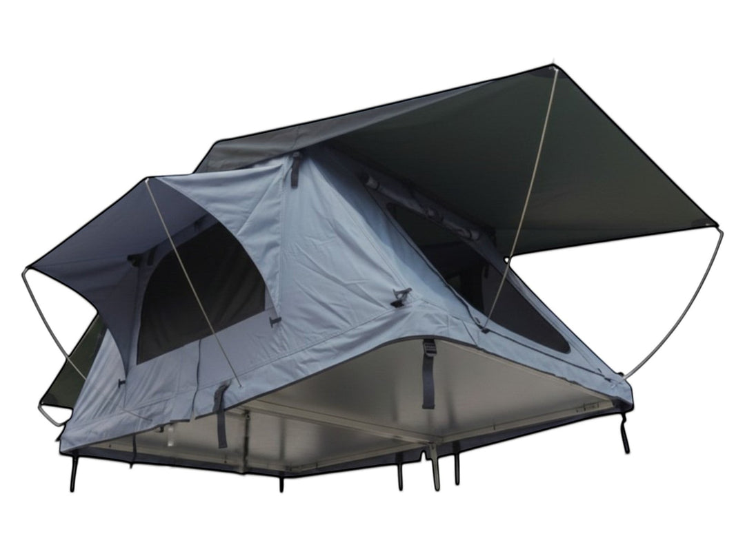 DesertX Nomad large grey rooftop tent with extended awning, ideal for adventurous couples and outdoor exploration.