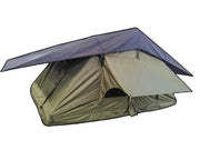 DesertX Nomad rooftop tent in olive green with a dark grey rainfly, designed for adventurous couples and outdoor exploration.