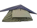 Load image into Gallery viewer, DesertX Nomad rooftop tent in olive green with a dark blue rainfly. Features a large, foldable design for easy transport and setup.
