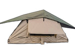 Load image into Gallery viewer, DesertX Nomad rooftop tent in tan and olive green, designed for adventurous couples and outdoor exploration.