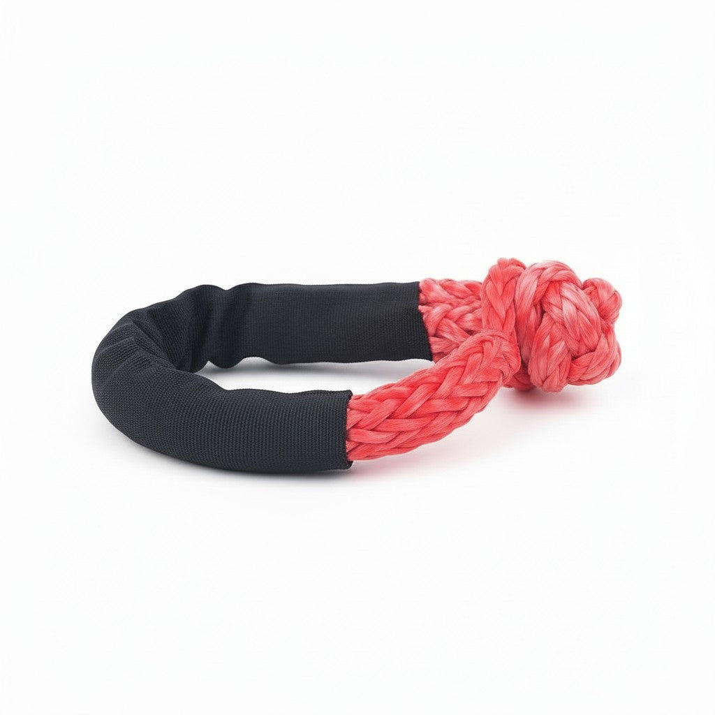 DesertX red UHMWPE soft shackle with black protective sleeve, 18 ton capacity, for off-road recovery.
