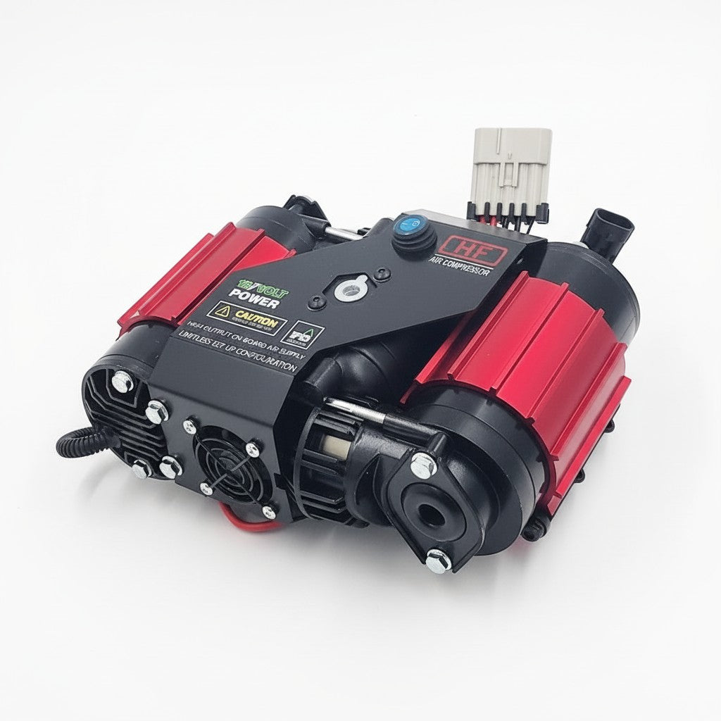 DesertX Twin Air Compressor, 12V, aluminum construction, blue and black with red accents, for off-road use.
