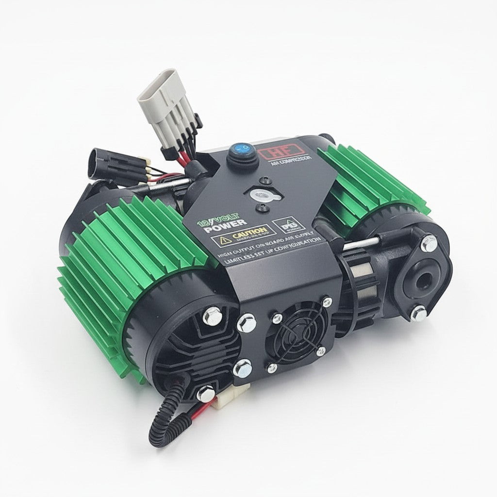 DesertX Twin Air Compressor, 12V, aluminum construction, blue and black with green fins, for off-road vehicles.