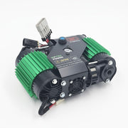 DesertX Twin Air Compressor, 12V, aluminum construction, blue and black with green fins, for off-road vehicles.